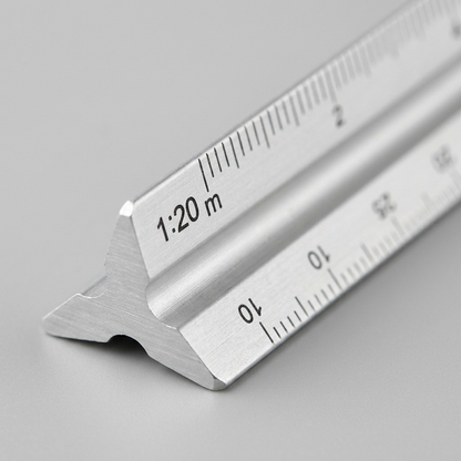 A macro photograph focusing on the precise metric scale markings of the Staedtler scale ruler.