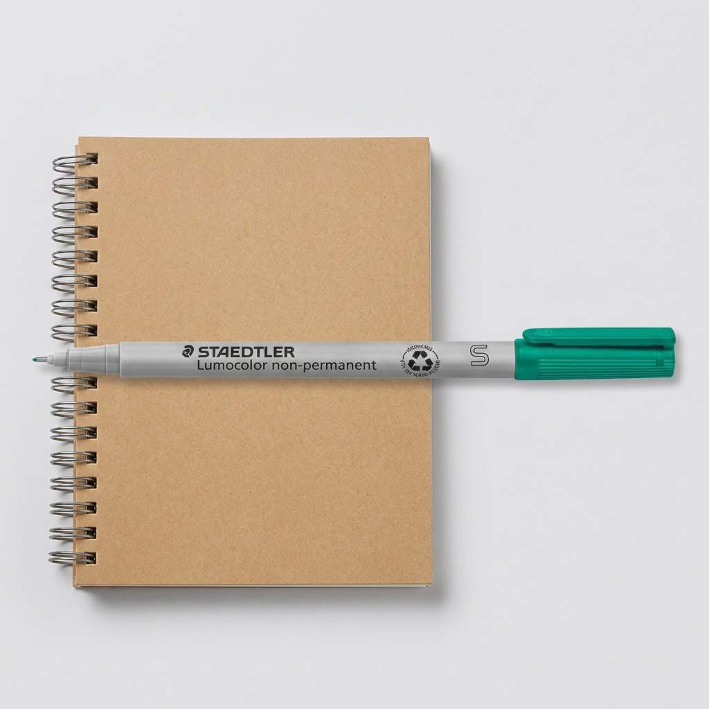 The STAEDTLER Lumocolor non-permanent marker from the reference image, placed beside a brown coil-bound A5 notebook for scale perspective, on a clean studio desk surface. Both objects are rendered in true proportion.