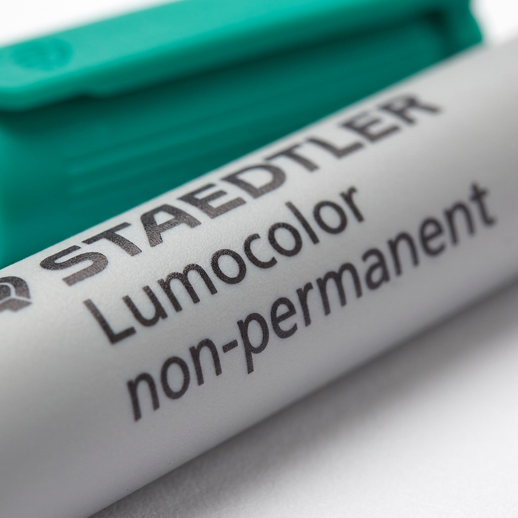 A macro view focusing on the clear print details on the barrel of the green Lumocolor marker.
