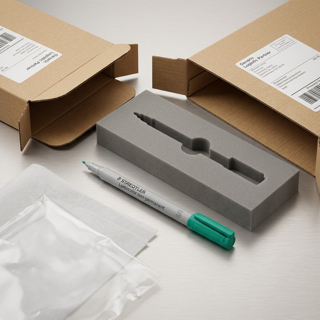 Premium unboxing scene showing a protected STAEDTLER Lumocolor non-permanent marker in green.