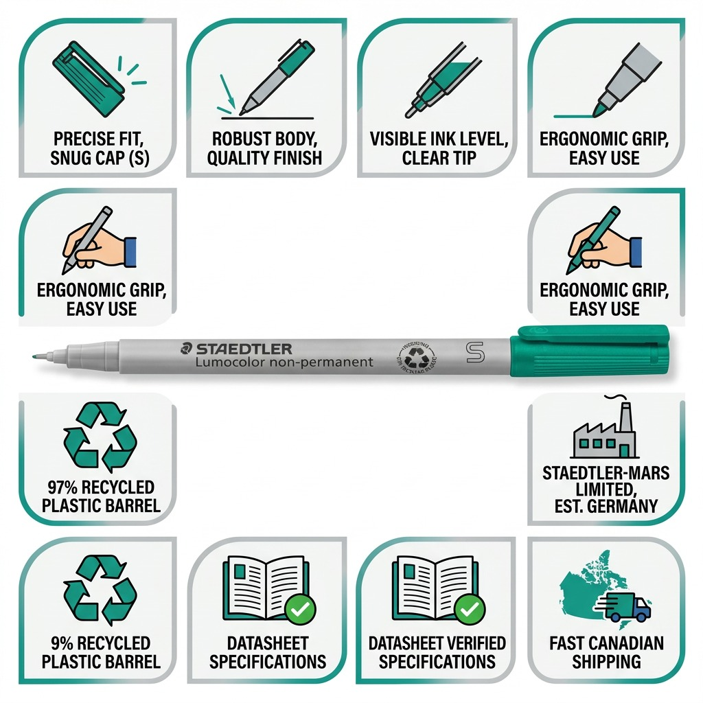 Trust and authority visual matrix infographic for a STAEDTLER Lumocolor 311-5 green non-permanent marker.