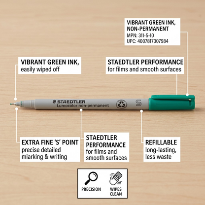 A product matrix image highlighting key operational features of the STAEDTLER Lumocolor non-permanent marker.
