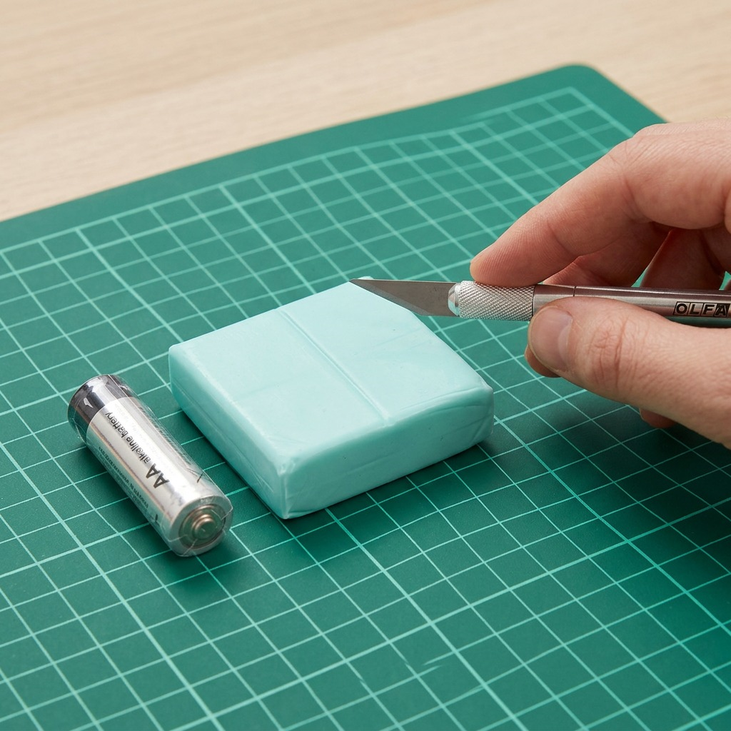 A photorealistic image of a Fimo Soft Aqua 57g block on a cutting mat next to a standard AA battery.