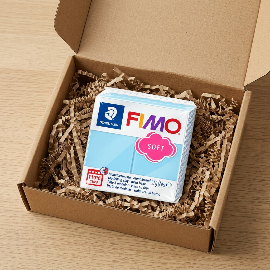 Product delivery showing a pristine block of Fimo Soft Aqua in a clean shipping box.