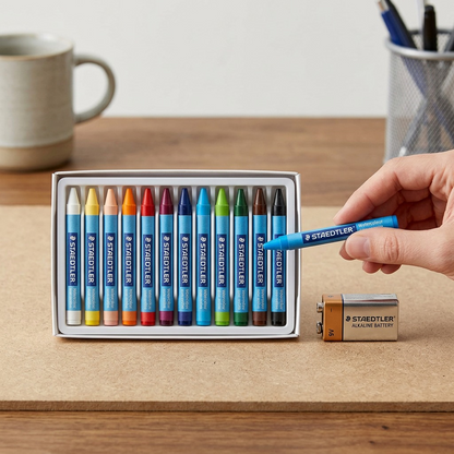 A photograph of the Staedtler watercolor crayon pencil set on a clean modern desk, beside an A5 sketchbook and a small plant, illustrating its compact size.
