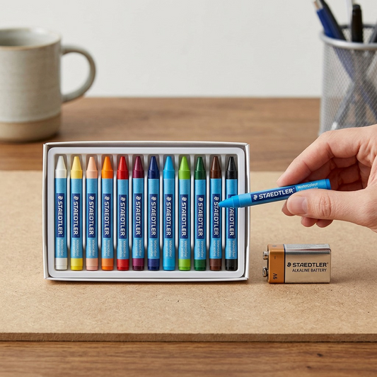 A photograph of the Staedtler watercolor crayon pencil set on a clean modern desk, beside an A5 sketchbook and a small plant, illustrating its compact size.