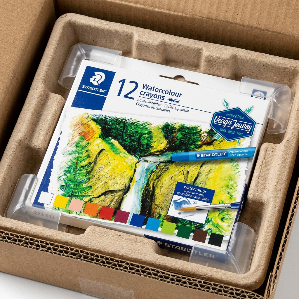 Premium close-up, showing original STAEDTLER product packaging within a secure, custom-molded shipping tray.