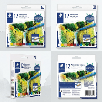 Multi-angle view matrix of the STAEDTLER water-soluble crayon 12-set, showing front, side, and rear packaging.