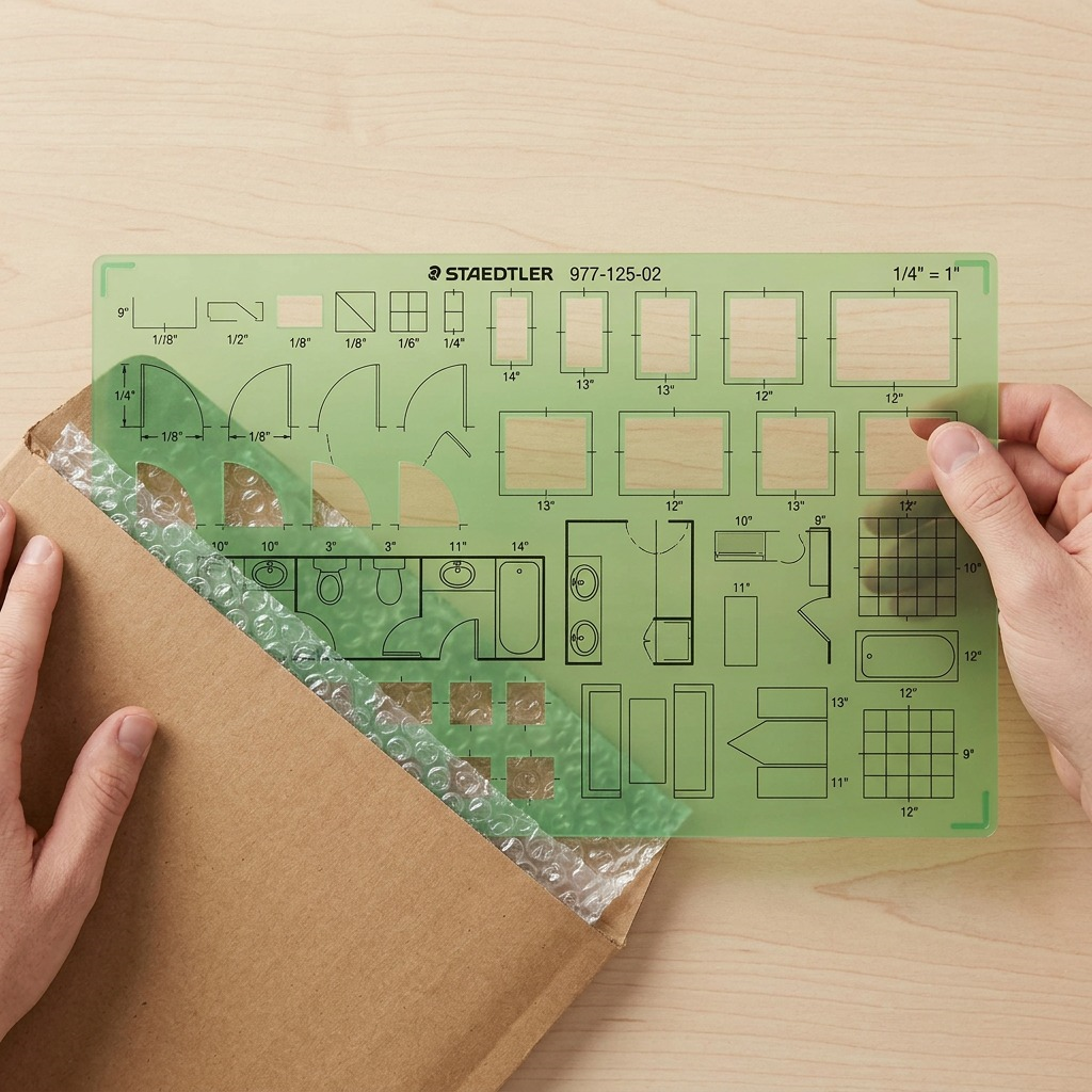 A photo of the STAEDTLER architecture template being carefully unpacked from its protective cardboard sleeve.