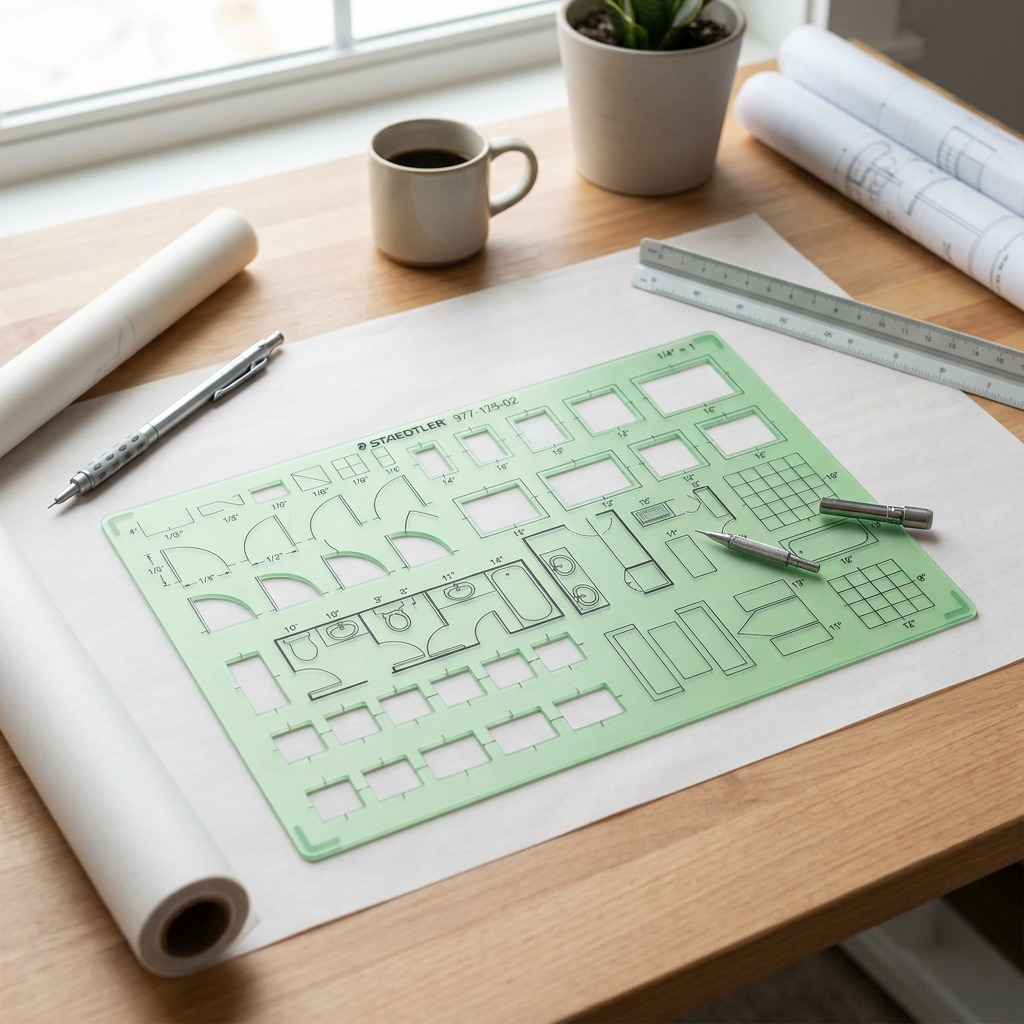 A lifestyle photograph of an architect's desk, featuring the STAEDTLER architectural template with other tools.