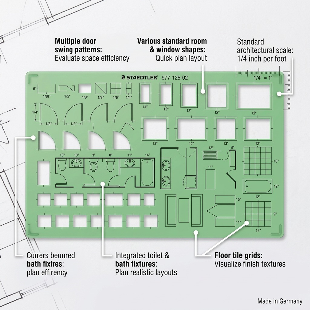 Architect Template with Callouts: Highlights door patterns, room shapes, bathroom fixtures, and scaling features.