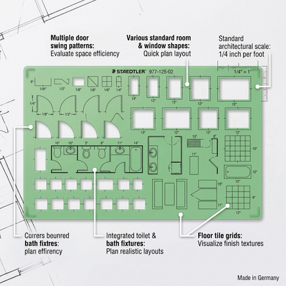 Architect Template with Callouts: Highlights door patterns, room shapes, bathroom fixtures, and scaling features.