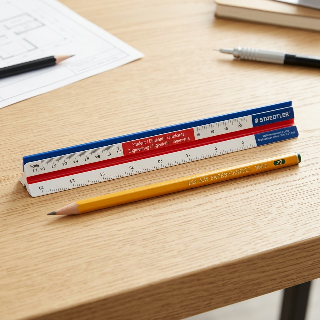 Scale reference photo showing the triangular scale ruler lying next to a standard graphite pencil, providing a size visual.
