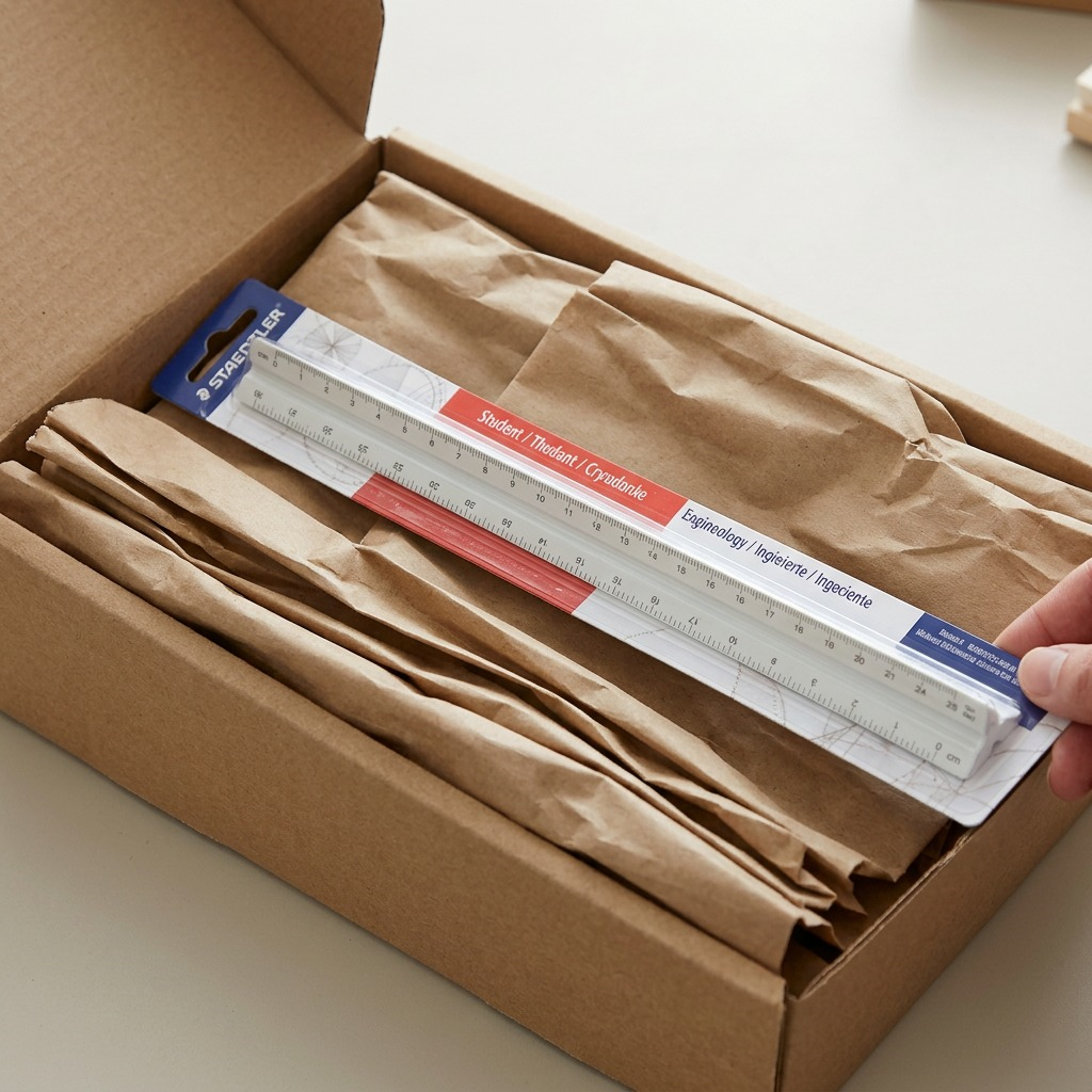 A detailed close-up shot showing multiple layers of protective packaging surrounding the triangular scale for safe shipping.