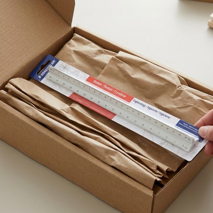 A detailed close-up shot showing multiple layers of protective packaging surrounding the triangular scale for safe shipping.