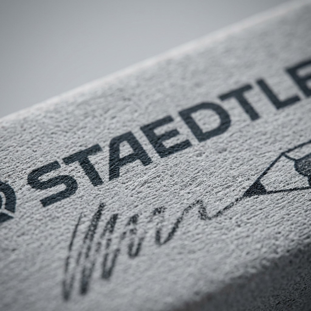 A detailed macro closeup of the STAEDTLER art eraser, highlighting its malleable, grey texture.