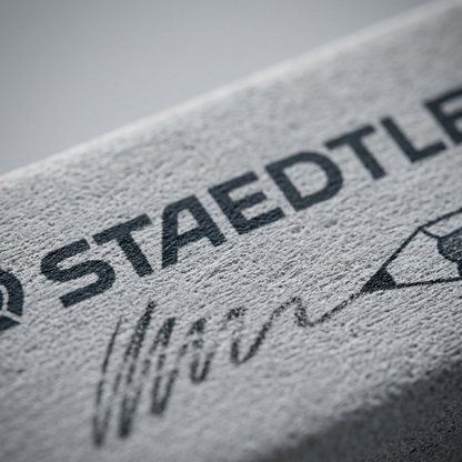 A detailed macro closeup of the STAEDTLER art eraser, highlighting its malleable, grey texture.