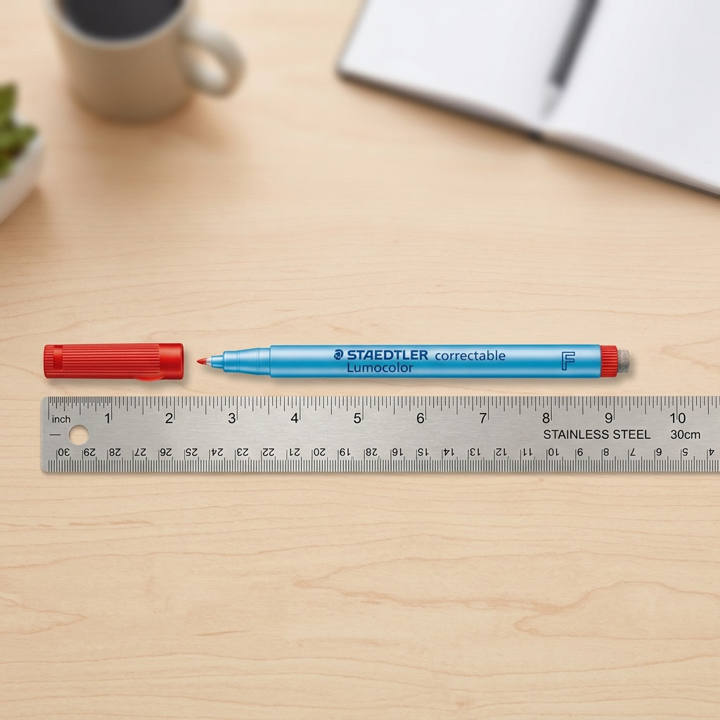 Size reference photo of the STAEDTLER Lumocolor fine pen scaled next to a standard 12-inch ruler.