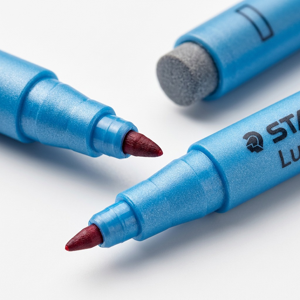 Macro view of the STAEDTLER Lumocolor 305 F non-permanent fine marker tip and barrel texture.