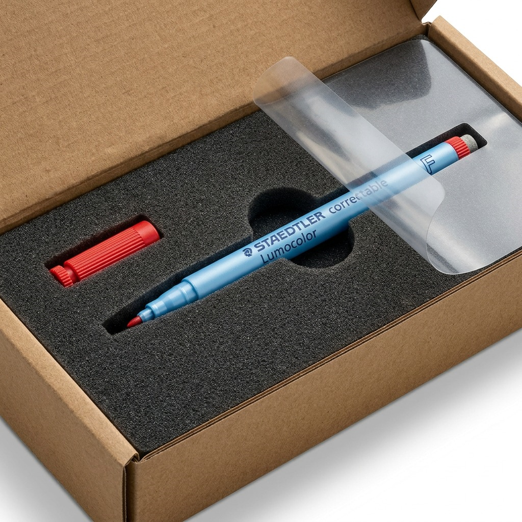 A photo-realistic unboxing scene showing the STAEDTLER Lumocolor maker secured in custom-cut foam inside a premium shipping box.