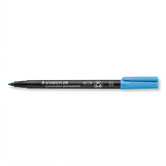 Pure high-resolution ecommerce hero shot of the STAEDTLER Lumocolor permanent medium blue marker, 317-3, on a pure white background.