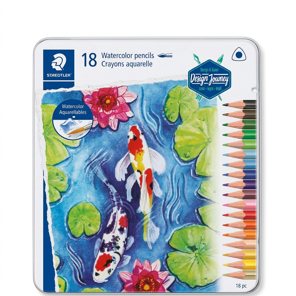 STAEDTLER Triangular Watercolor Pencils, set of 18, showing metal tin with coy fish painting.