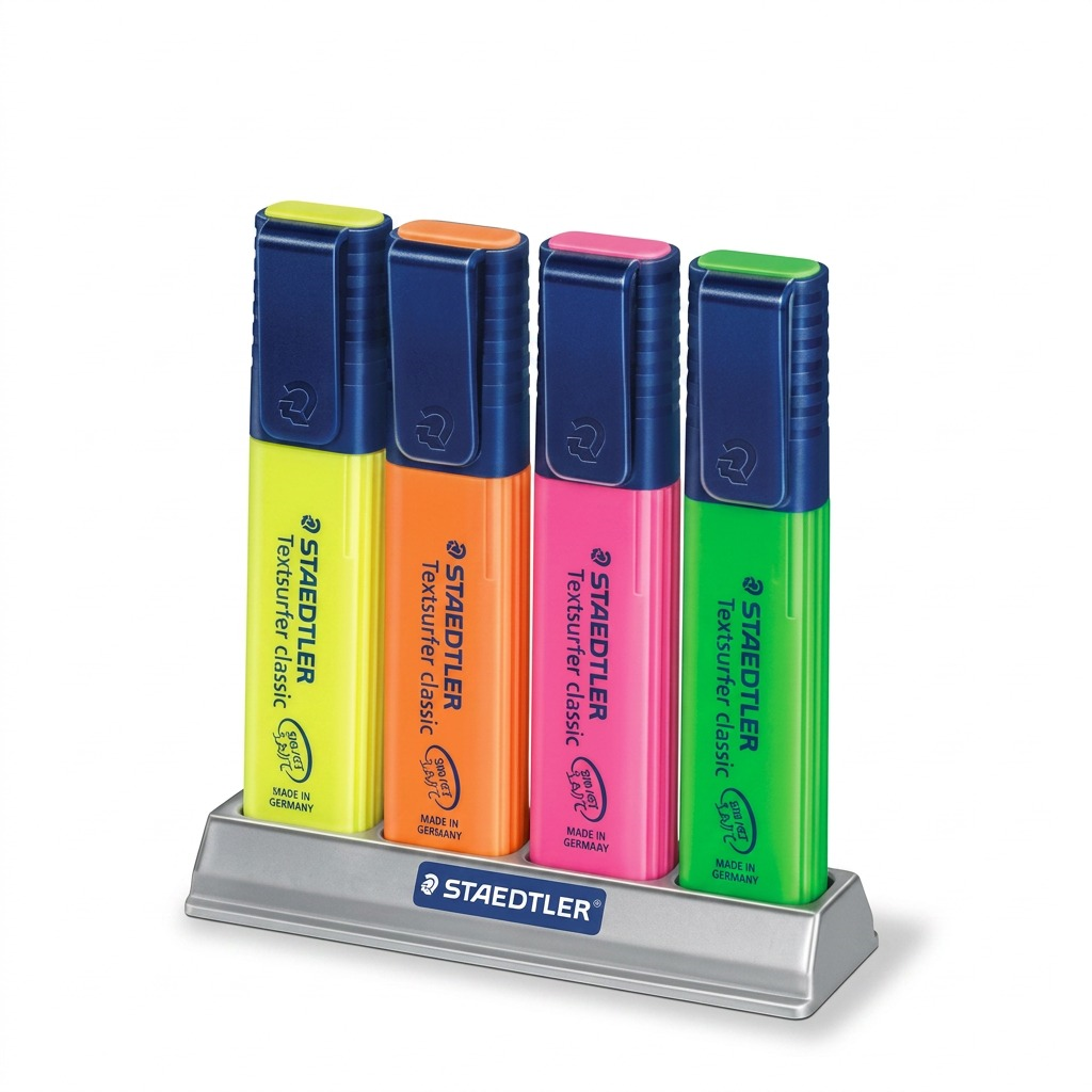 High-resolution hero shot of four STAEDTLER Textsurfer classic highlighters: yellow, orange, pink, green.