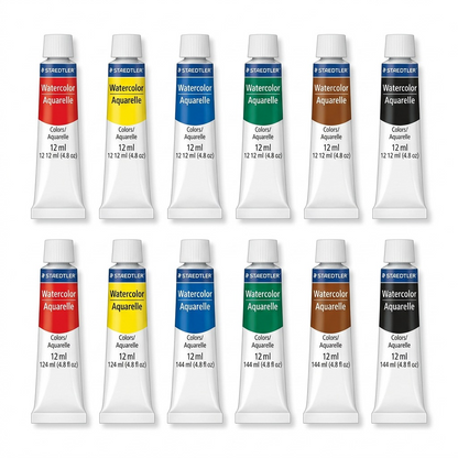 High-resolution pure white ecommerce hero shot of STAEDTLER Watercolor Paint set of 12 tubes.