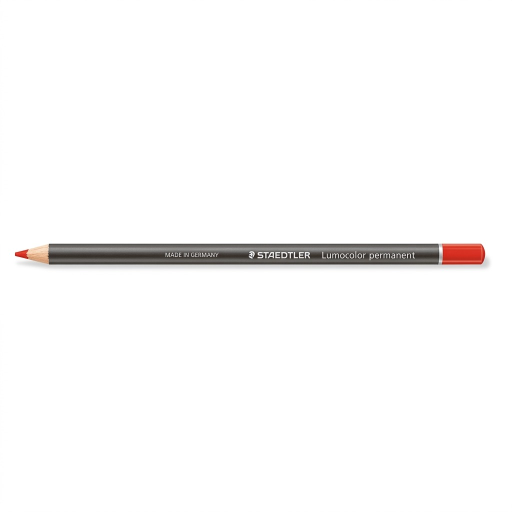 Pure hero shot of a red Staedtler Lumocolor permanent glasochrom dry marker pencil on a white background.