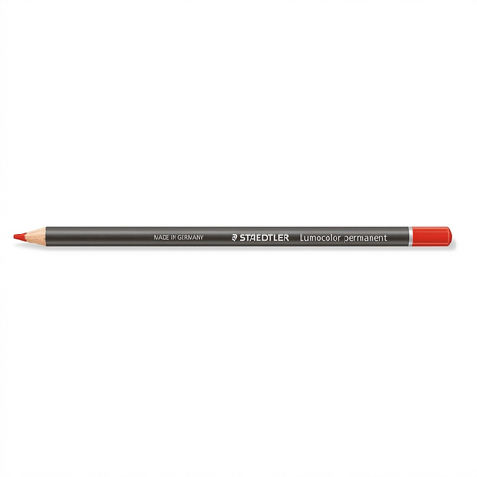 Pure hero shot of a red Staedtler Lumocolor permanent glasochrom dry marker pencil on a white background.