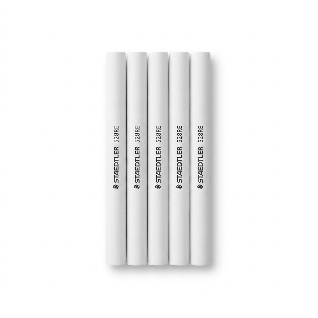 A centered, high-resolution hero shot of a five-pack of long, white cylindrical STAEDTLER eraser refills.