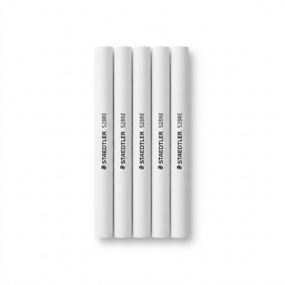 A centered, high-resolution hero shot of a five-pack of long, white cylindrical STAEDTLER eraser refills.