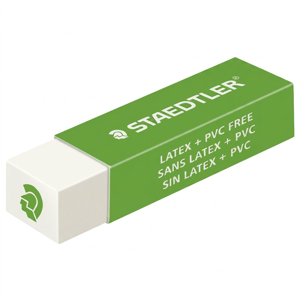 A high-resolution product shot of the STAEDTLER Mars plastic latex & PVC free eraser, in white with a green paper sleeve, from a front-three-quarter perspective.
