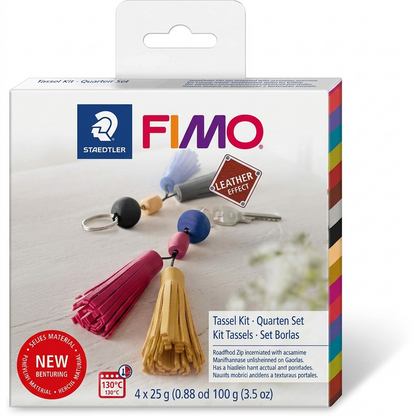 A pure high-resolution hero shot on a white background of a single STAEDTLER FIMO Leather Effect Keychain Tassel Kit.