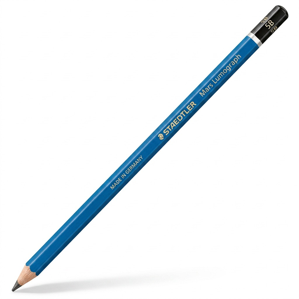 A high-resolution product photography shot of the STAEDTLER Mars Lumograph 5B pencil, with its distinctive blue barrel, sharp graphite tip, and black/silver cap, perfectly centered on a clean white background, showcasing its markings.