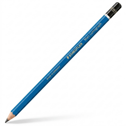 A high-resolution product photography shot of the STAEDTLER Mars Lumograph 5B pencil, with its distinctive blue barrel, sharp graphite tip, and black/silver cap, perfectly centered on a clean white background, showcasing its markings.