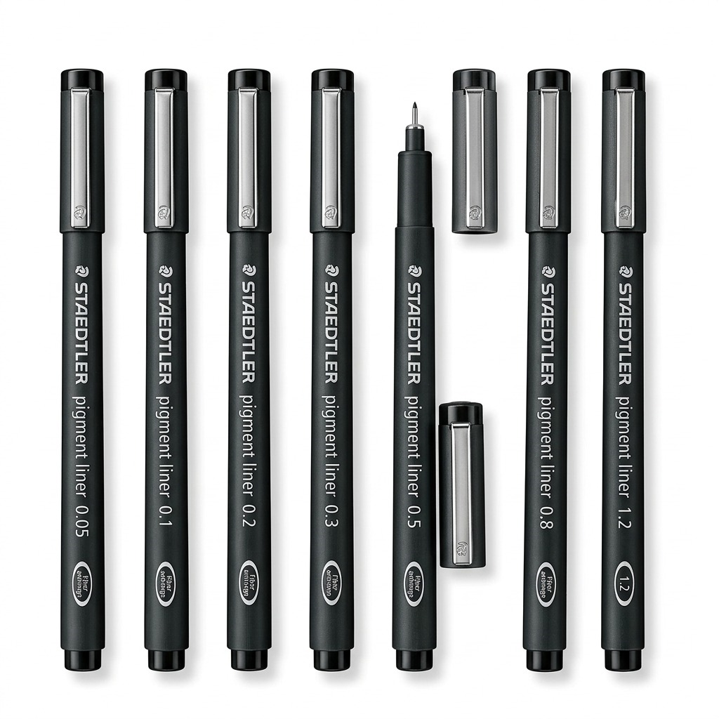 A high-resolution, centered flat lay photograph of eight Staedtler Pigment Liner technical pens, in black barrels with metallic caps, showing the range of sizes from 0.05mm to 1.2mm. All standard brand markings are visible.