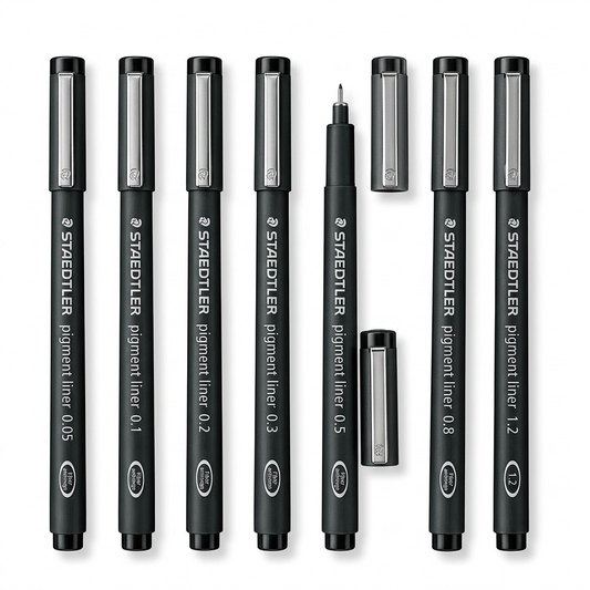 A high-resolution, centered flat lay photograph of eight Staedtler Pigment Liner technical pens, in black barrels with metallic caps, showing the range of sizes from 0.05mm to 1.2mm. All standard brand markings are visible.
