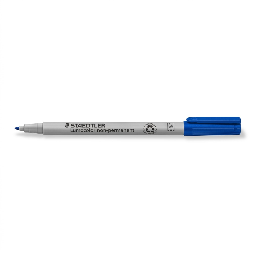 A high-resolution product photograph of a STAEDTLER Lumocolor non-permanent medium blue marker.