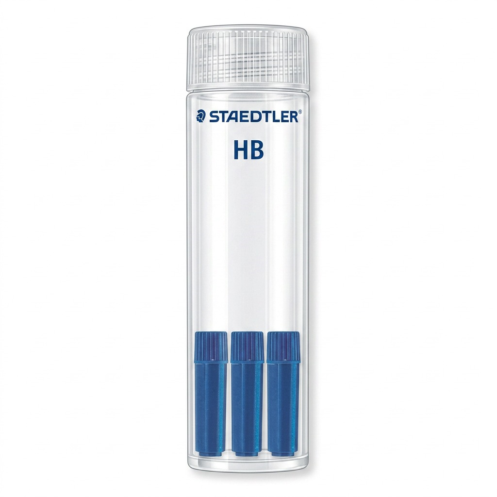 A high-resolution, centered view of the STAEDTLER HB compass lead storage container and three lead refill tubes.