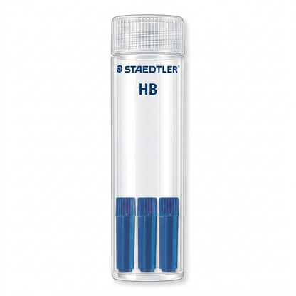 A high-resolution, centered view of the STAEDTLER HB compass lead storage container and three lead refill tubes.