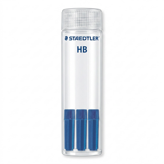 A high-resolution, centered view of the STAEDTLER HB compass lead storage container and three lead refill tubes.