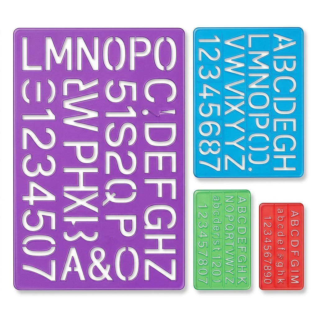 A direct product shot of the set of four multi-colored STAEDTLER lettering guides on a white background.