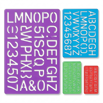 A direct product shot of the set of four multi-colored STAEDTLER lettering guides on a white background.