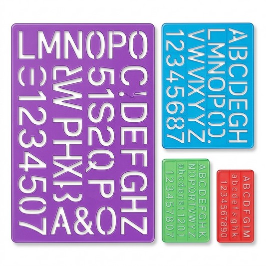 A direct product shot of the set of four multi-colored STAEDTLER lettering guides on a white background.