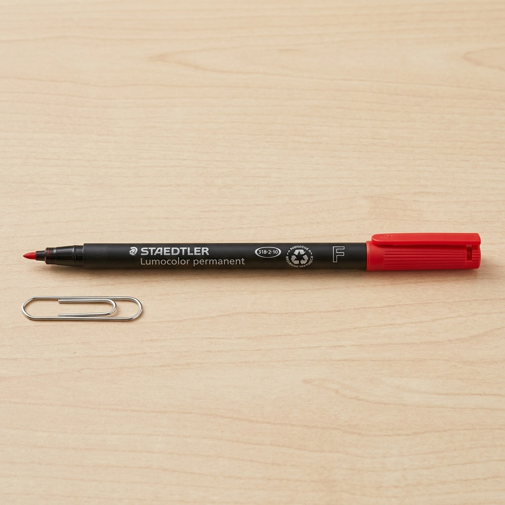 A photo of the red STAEDTLER permanent marker next to a standard metal paperclip on a desk surface.