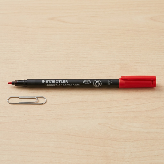 A photo of the red STAEDTLER permanent marker next to a standard metal paperclip on a desk surface.