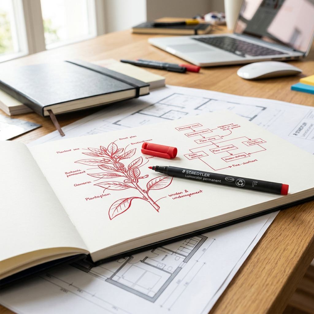 A desk with a open red notebook, showing drawings in red ink with the Staedtler marker resting.