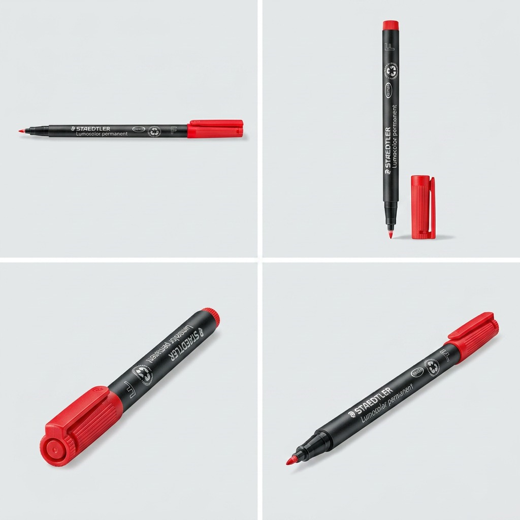 A four-panel ecommerce matrix showcasing different angles of the Staedtler Lumocolor Permanent Fine Red, with and without cap.