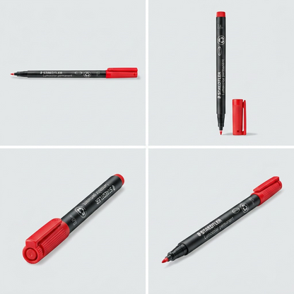 A four-panel ecommerce matrix showcasing different angles of the Staedtler Lumocolor Permanent Fine Red, with and without cap.
